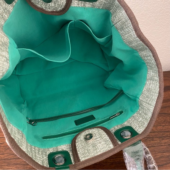 Green Brown Tweed Mixed Fiber Shopper Tote Bag w/ Chain Shoulder Strap C6 - Picture 8 of 16